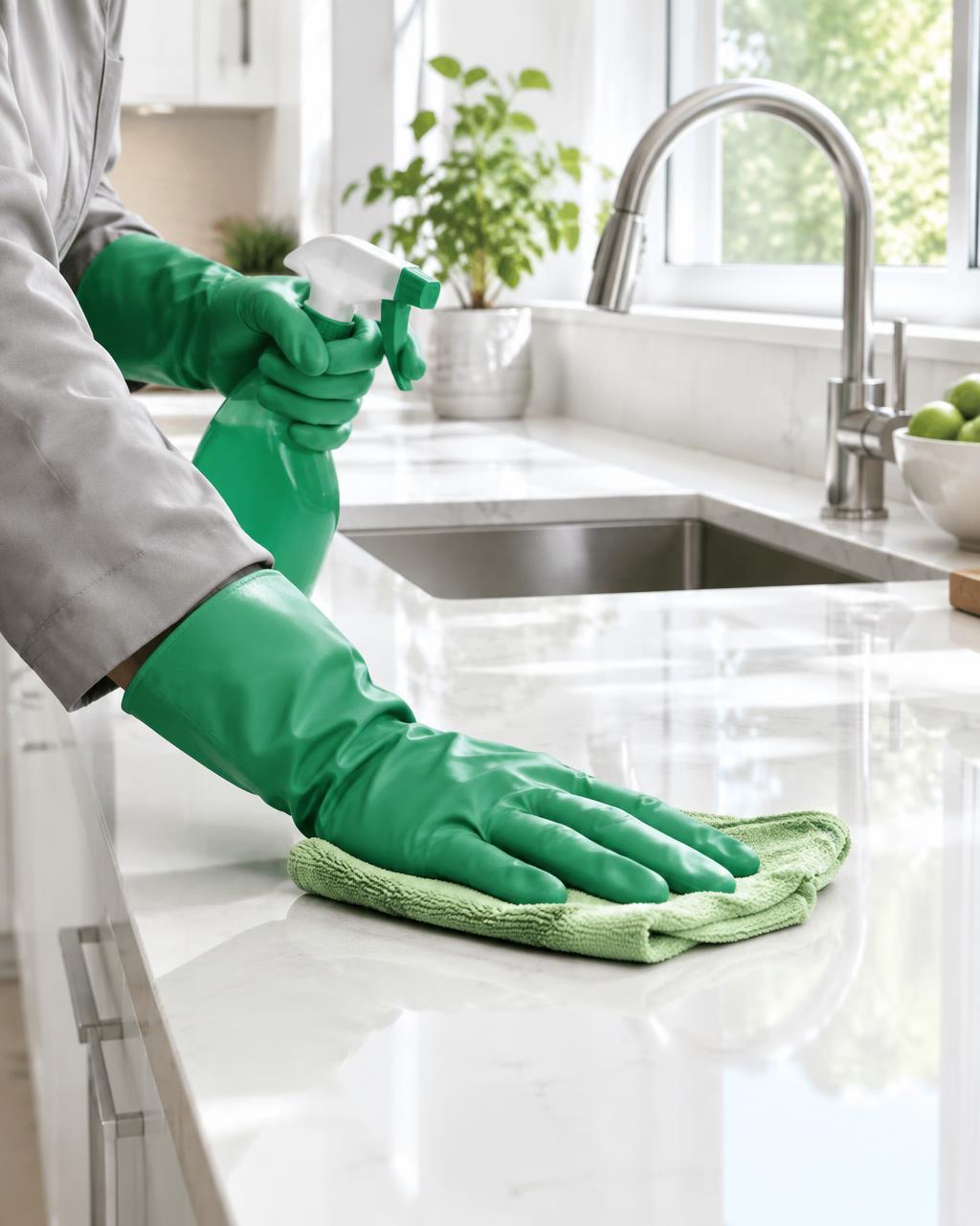 Hands wiping a kitchen counter clean with cleaning supplies nearby