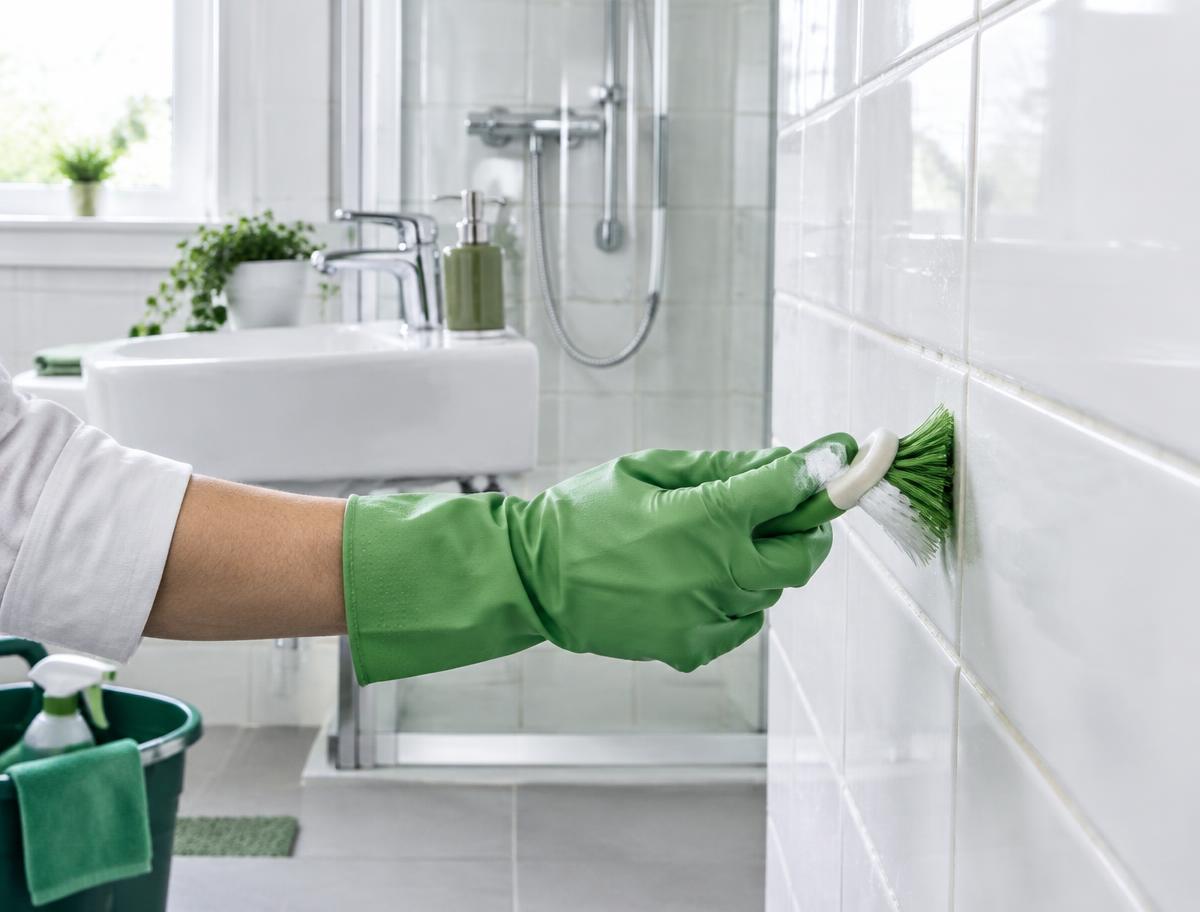 Deep cleaning a bright white bathroom, scrubbing tile and grout