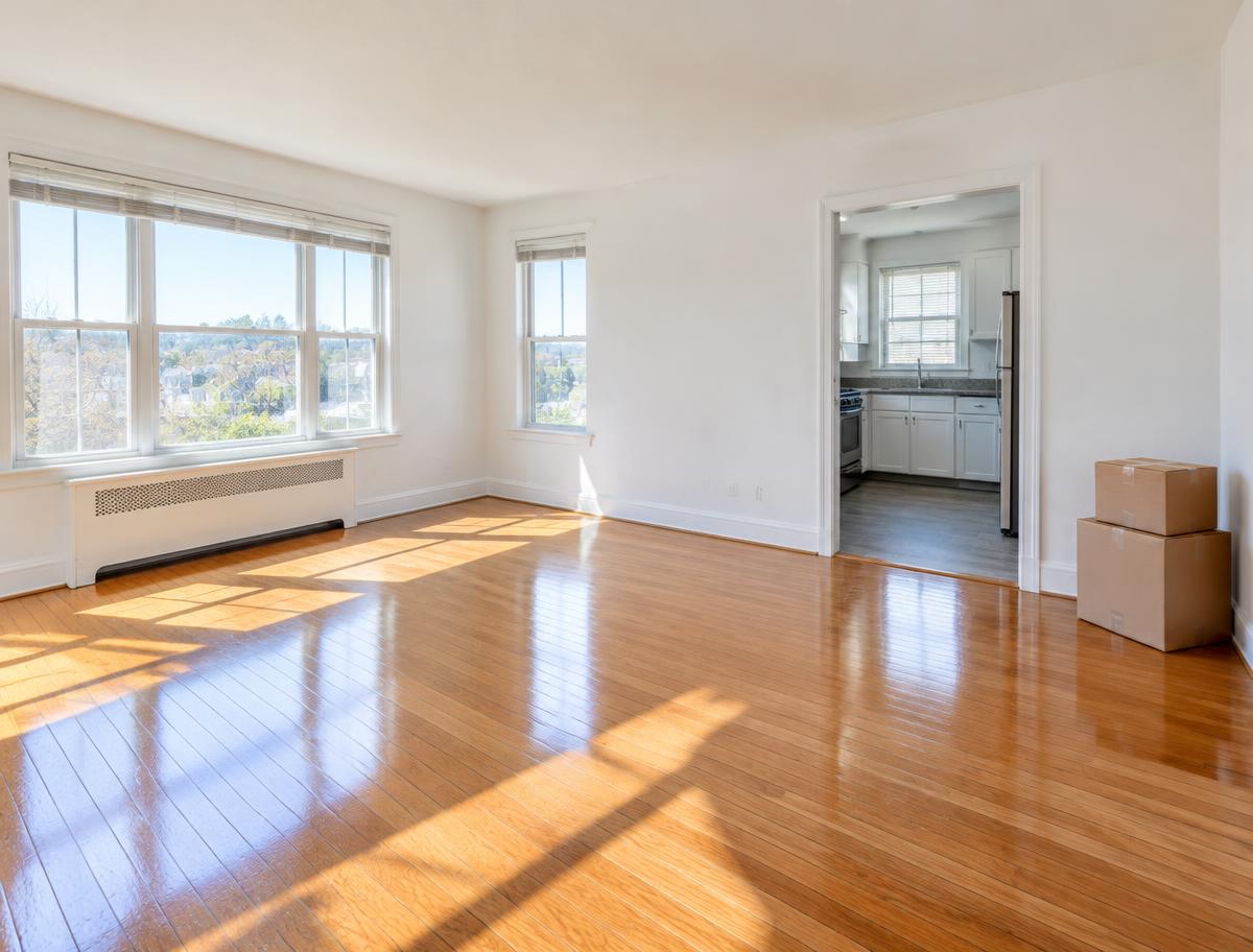Empty apartment room with moving boxes and spotless floors after a move-out clean