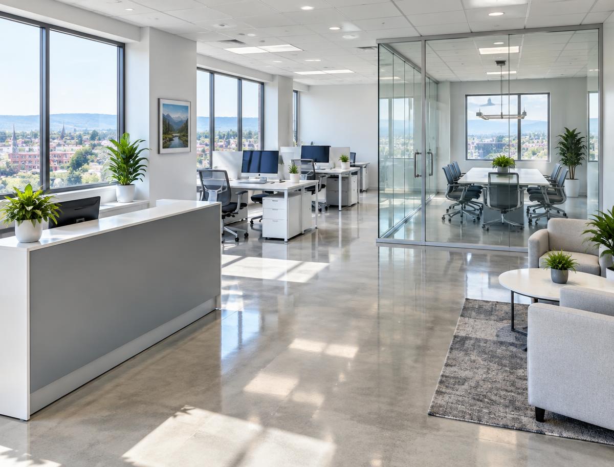 Spotless modern office with organized desks and clean glass meeting rooms